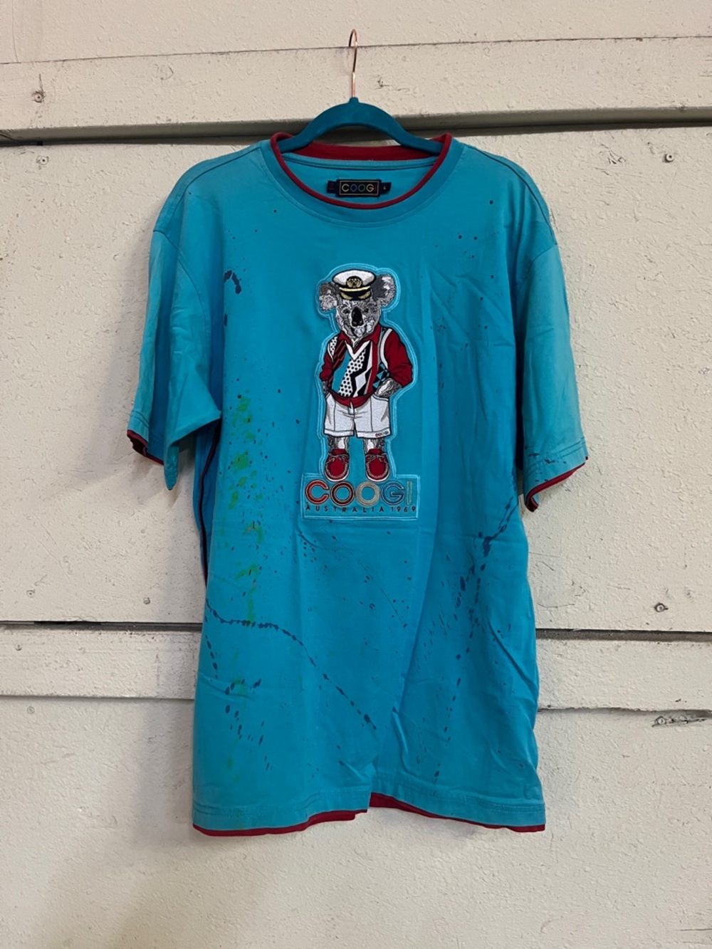 COOGI Teal Knit Tee with Red Trim and Embroidered Koala Patch